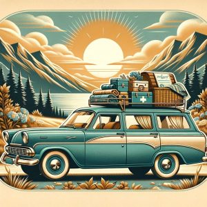 Enneagram 2 classis - Illustration of a vintage station wagon in a gentle teal color, driving along a picturesque route