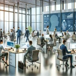 Modern office with large windows, multiple employees in business attire working at desks with computers, and data charts on screens.