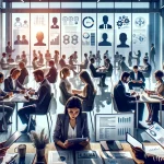 A busy office with people in business attire working on laptops and tablets, collaborating at desks, and analyzing data on screens.