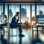 Business professionals working in modern office with city skyline view, using tablets and laptop, computer screen displays charts.