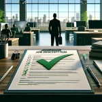Office desk with a job description clipboard, large green checkmark, coffee cup, pen, smartphone, and a blurred office background.