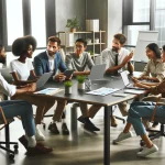 A diverse group of professional people collaborating around a modern conference table in a bright, contemporary office setting. The scene shows a team