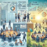Illustration comparing team coaching in an office to team building outdoors, highlighting structured coaching vs interactive activities.