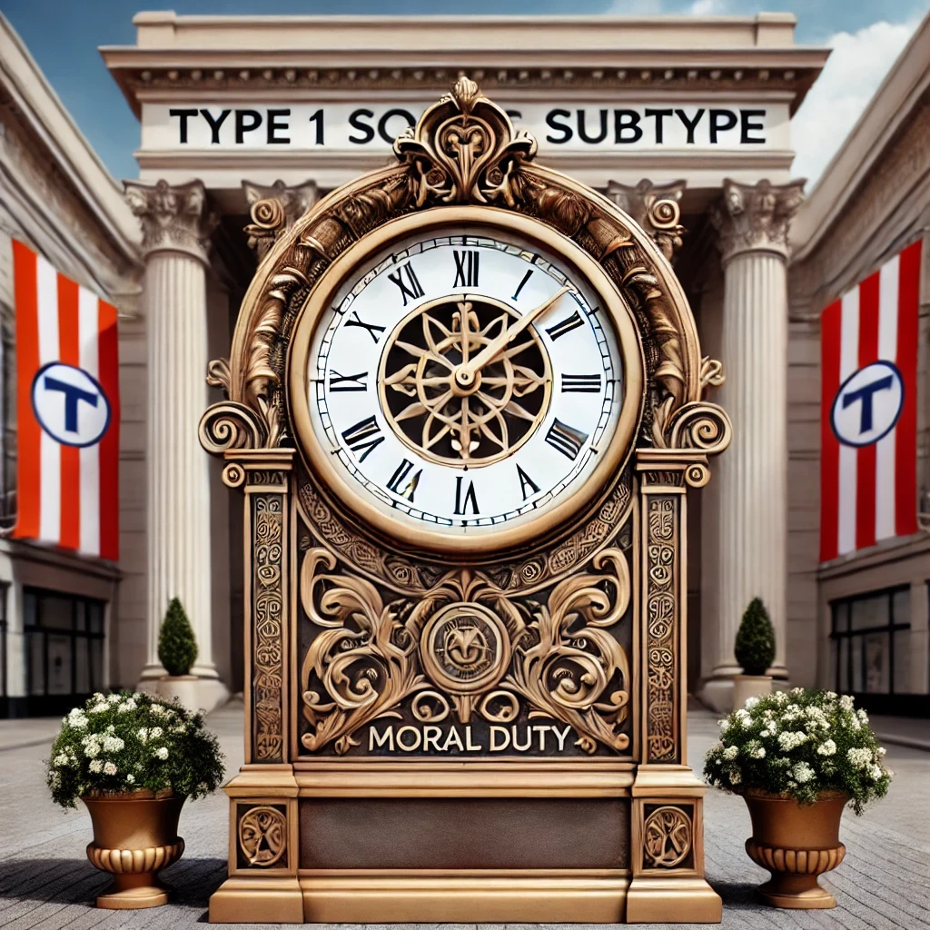 Intricate clock labeled "Moral Duty" in front of columns marked "Type 1 SO Subtype" with red and white flags. Enneagram 1SO.
