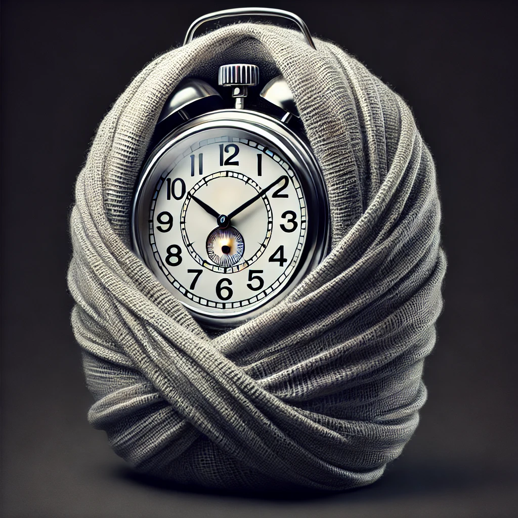 Vintage alarm clock wrapped in a soft, gray fabric, symbolizing Enneagram Type 1 Self-Preservation (1SP) focus on safety and structure.