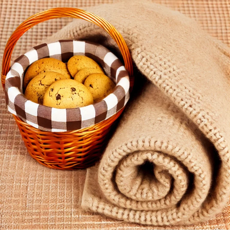A woven basket with chocolate chip cookies and a rolled beige blanket symbolise the nurturing nature of Enneagram 2.