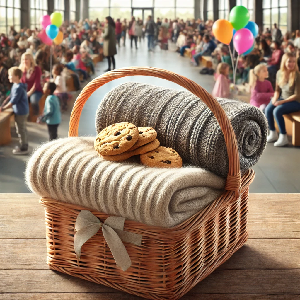 Basket with folded blankets and chocolate chip cookies in front of a crowded community gathering with balloons. Enneagram 2SO.
