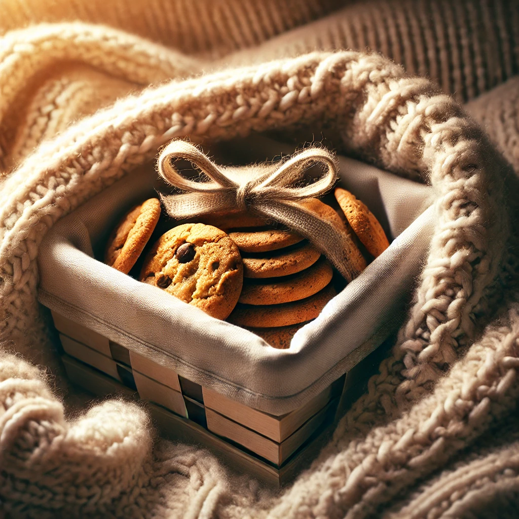 A basket of cookies wrapped in a cosy cream blanket symbolises the nurturing nature of the Enneagram 2SP countertype.