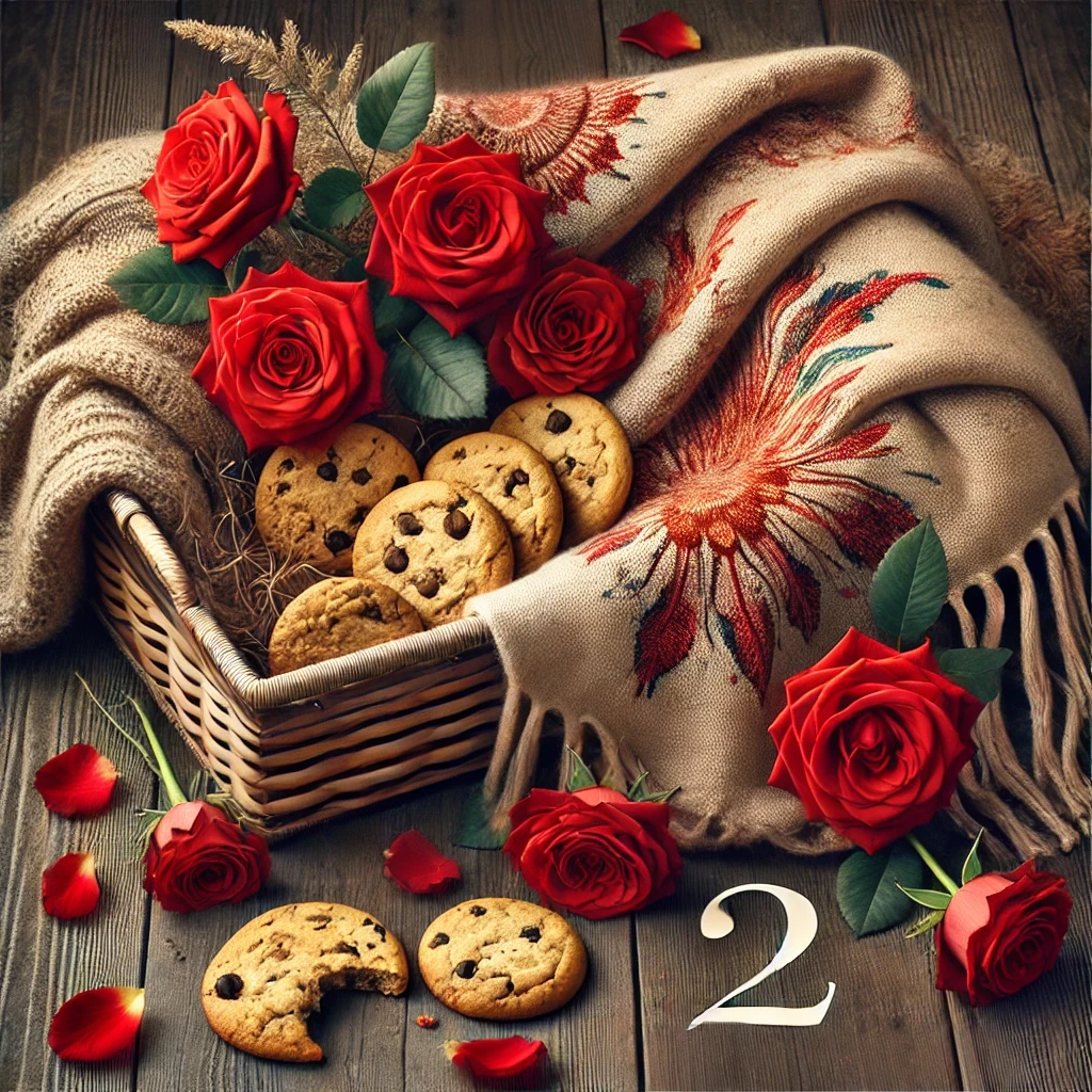 Basket with chocolate chip cookies, red roses, and a floral embroidered shawl, depicting Enneagram 2SX personality type.