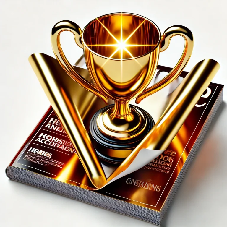 Golden trophy emerging from a magazine, symbolizing ambition and success, characteristics often associated with Enneagram 3.