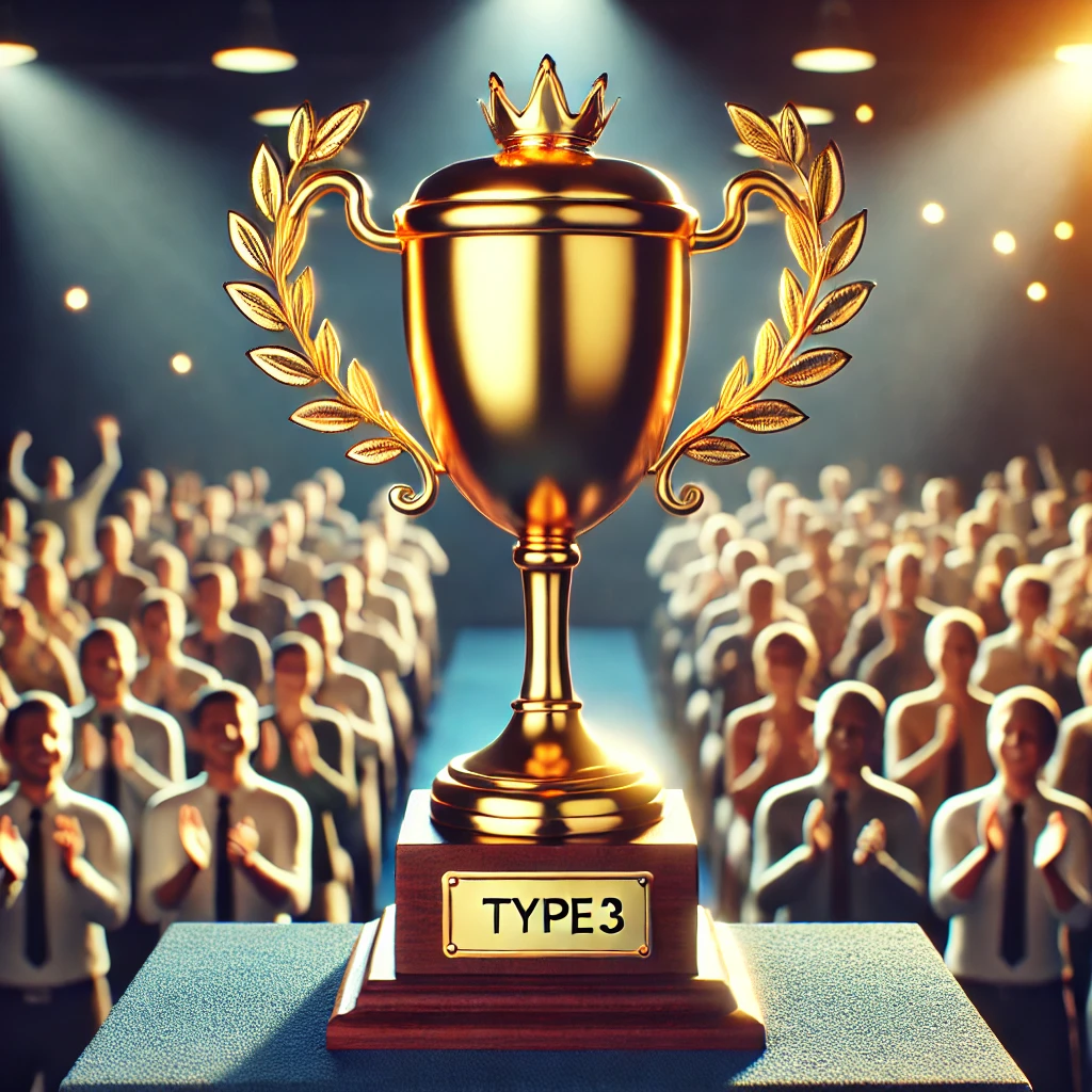Golden trophy labeled "Type 3" with crowd applauding in the background, symbolizing Enneagram 3SO characteristics.