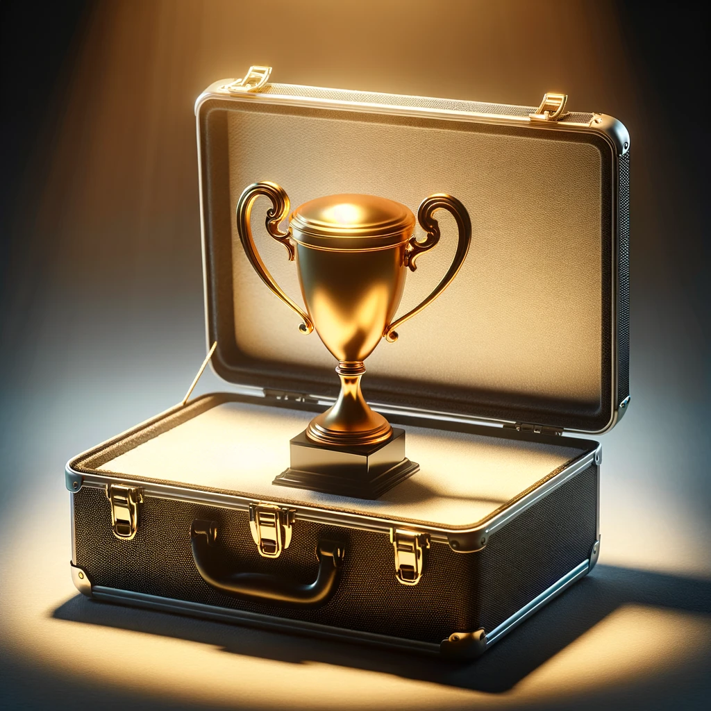 Golden trophy in an open briefcase, illuminated by a spotlight, symbolizing achievement and ambition; keywords: Enneagram 3SP countertype.