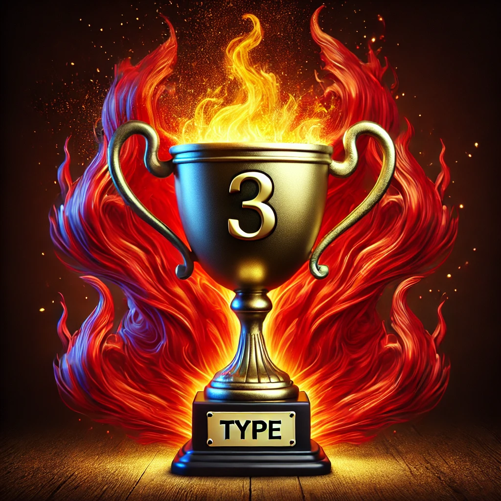 Golden trophy with "Type 3" against fiery background, representing Enneagram 3SX. Elegant and vibrant symbolism.