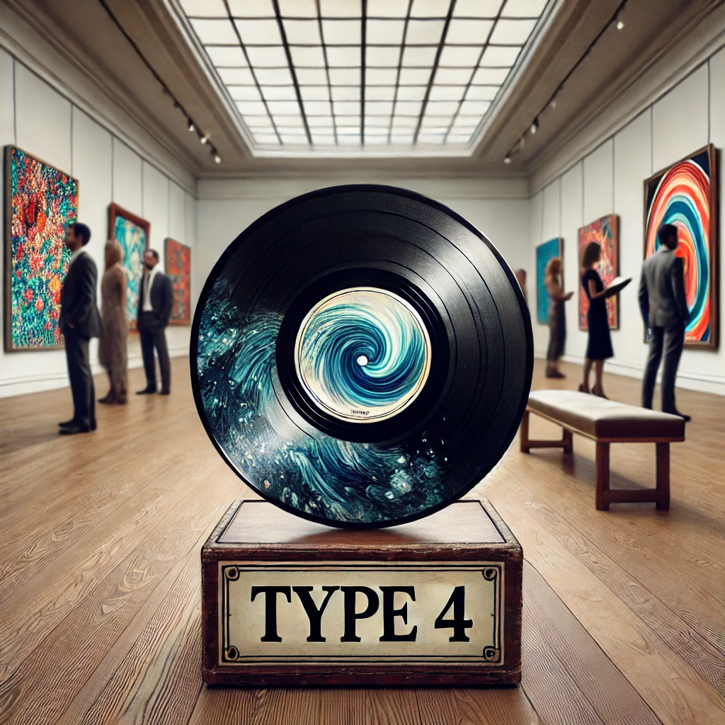 Art gallery with a vinyl record displaying swirling artwork labeled "Type 4," representing Enneagram 4SO, with people viewing paintings.