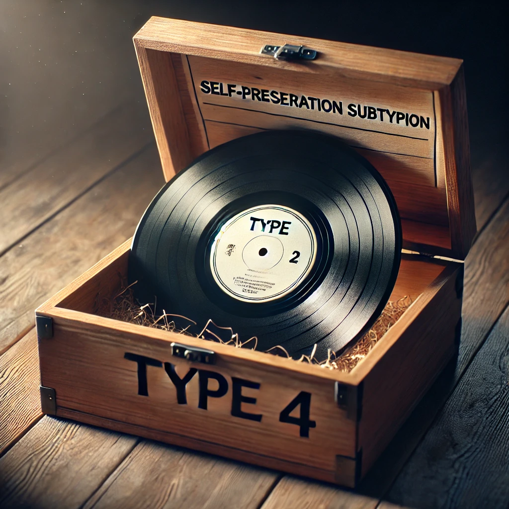 The wooden box labelled "Type 4" with a vinyl record marked "Type 2" inside. Text reads "Self-Preservation Subtycription.