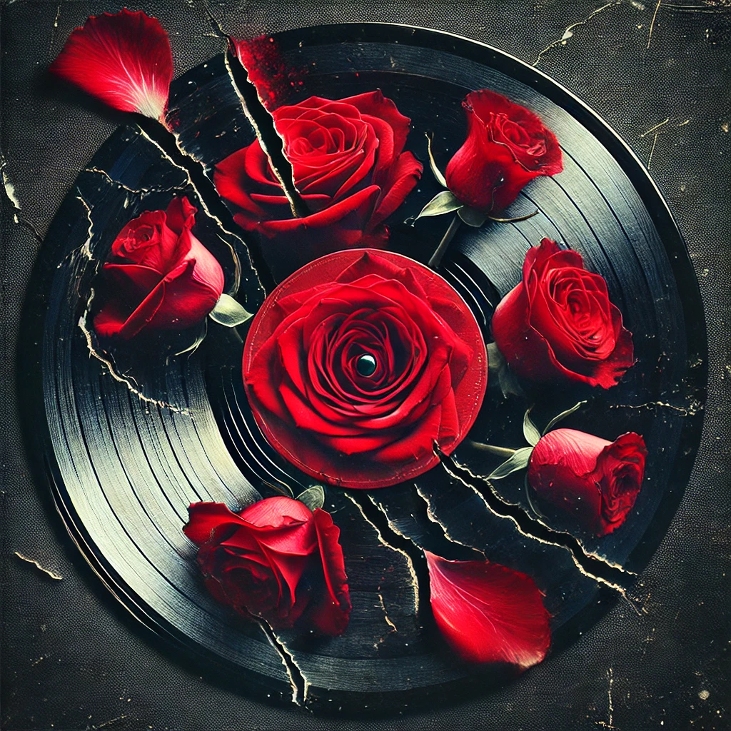 A cracked vinyl record adorned with vibrant red roses and petals, symbolizing Enneagram 4SX's intensity and depth.
