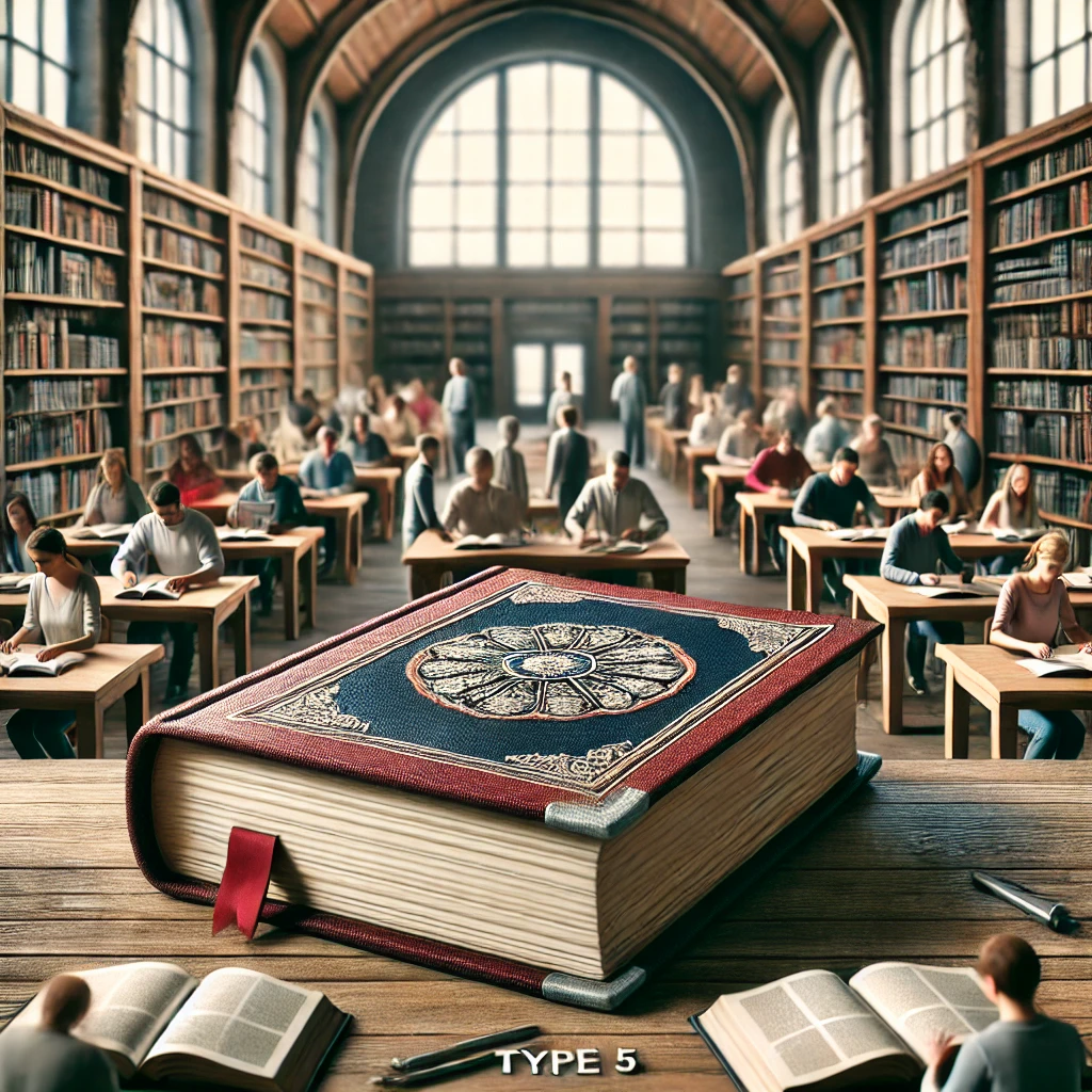 Enneagram 5SO: Large, intricate book in focus, in a grand library with people reading at tables, emphasizing knowledge and introspection.