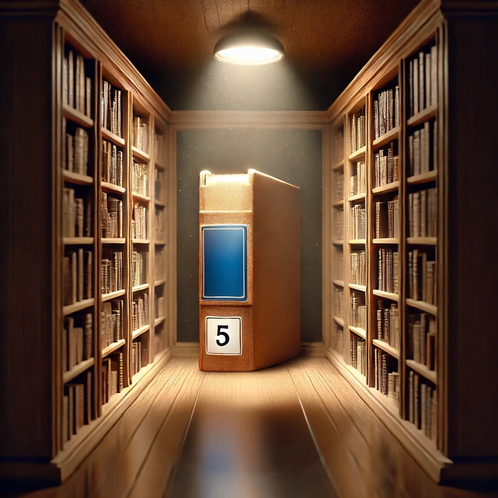 A large book with a number 5, symbolizing Enneagram 5SP, stands illuminated in a narrow, dimly lit wooden library aisle.