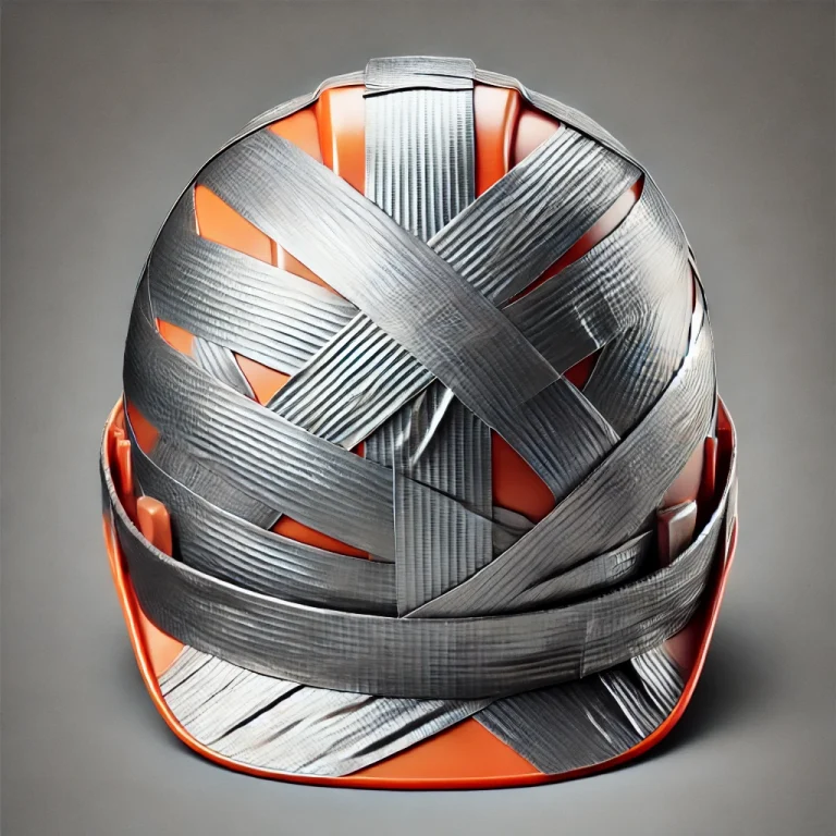 An orange hard hat covered with silver duct tape symbolises the cautious and security-focused traits of Enneagram 6.