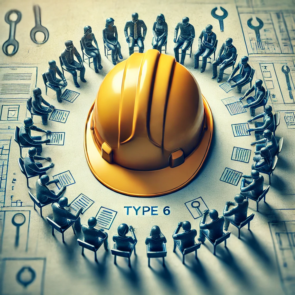 An illustration of a large yellow hard hat surrounded by small figures sitting in a circle, labeled "Type 6," representing Enneagram 6SO.