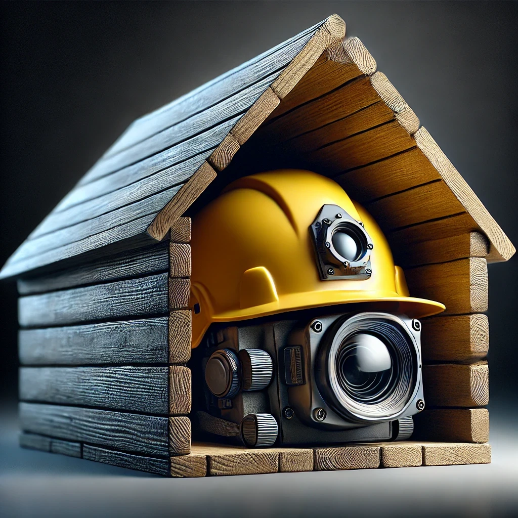A yellow helmet with a camera lens sits inside a wooden doghouse, symbolizing Enneagram 6SP traits of protection and vigilance.
