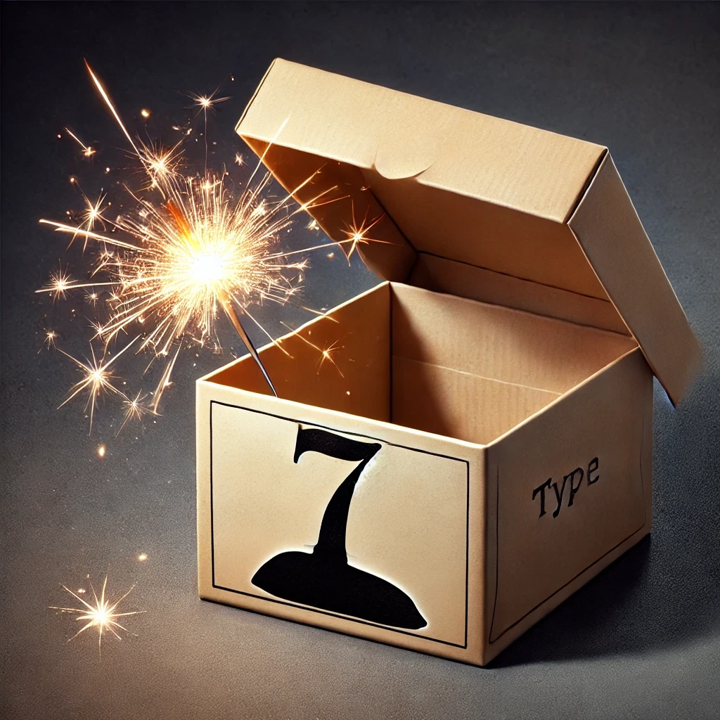Cardboard box labeled "Type 7" with a lit sparkler inside, symbolizing the Enneagram 7SP personality type's vibrant creativity.