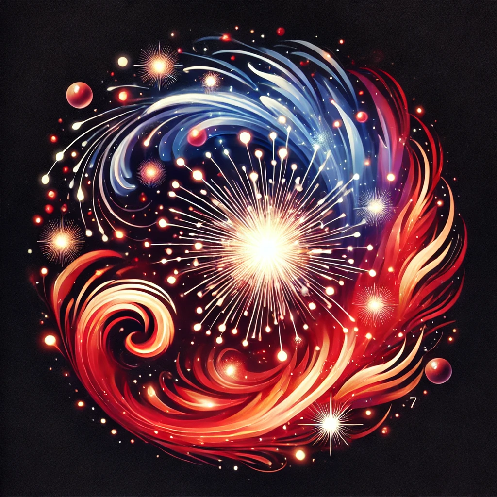 Abstract representation of Enneagram 7SX with vibrant red, blue, and white swirling patterns and bursting light effects.