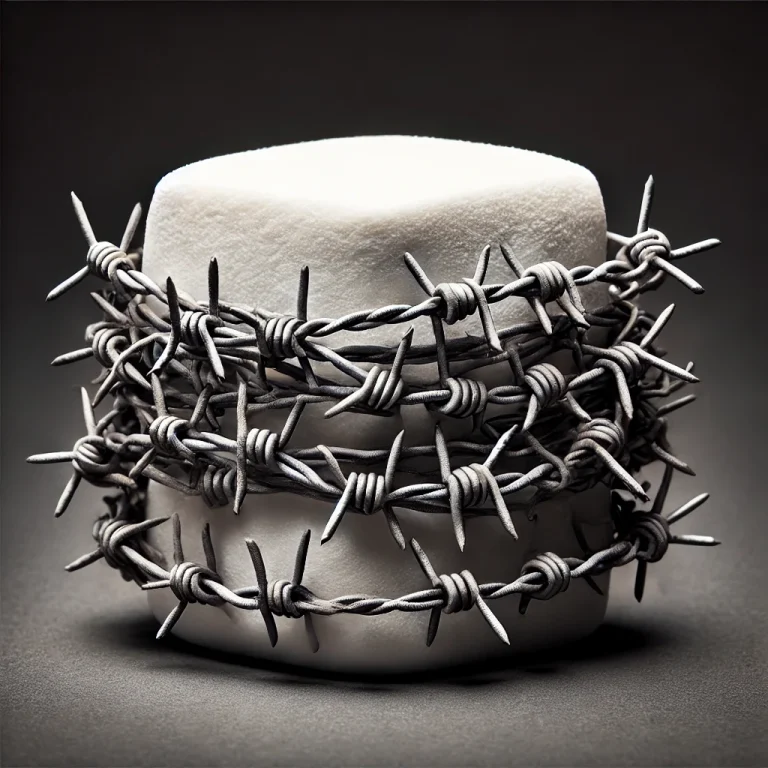 A cube wrapped in barbed wire symbolises the challenging traits of Enneagram 8, such as strength and protection.