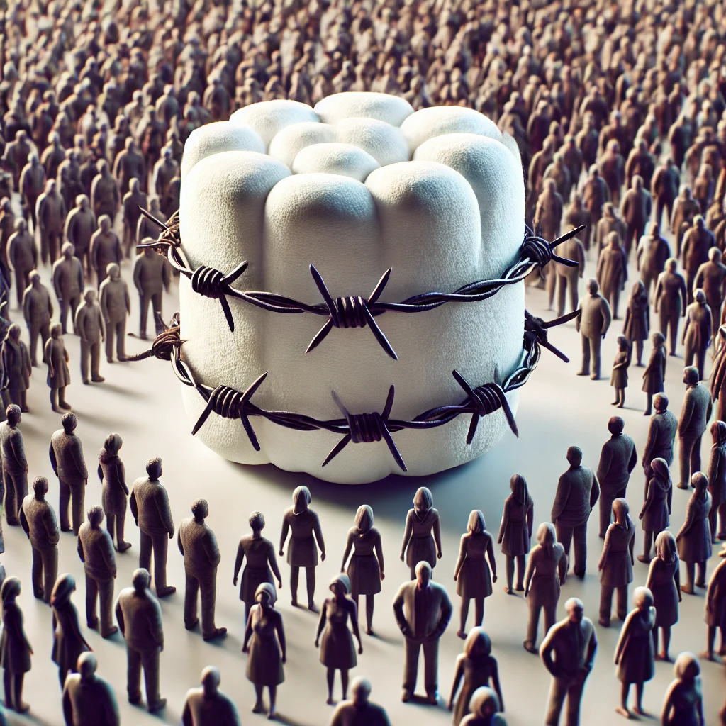 Enneagram 8SO countertype symbolized by a barbed wire-wrapped marshmallow surrounded by a crowd of small human figurines.