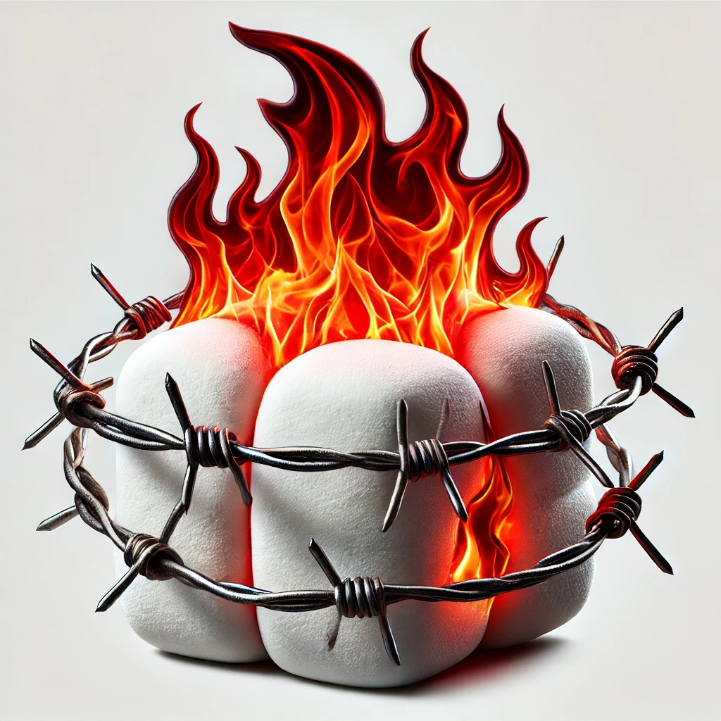 Barbed wire wraps around three white marshmallows with flames on top, symbolizing Enneagram 8SX intensity and passion.