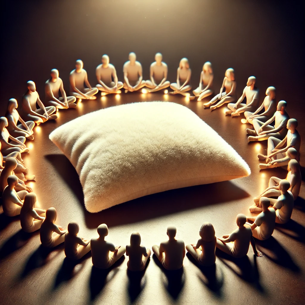 Miniature people sitting in a circle around a cushion, symbolizing the Enneagram 9SO countertype.