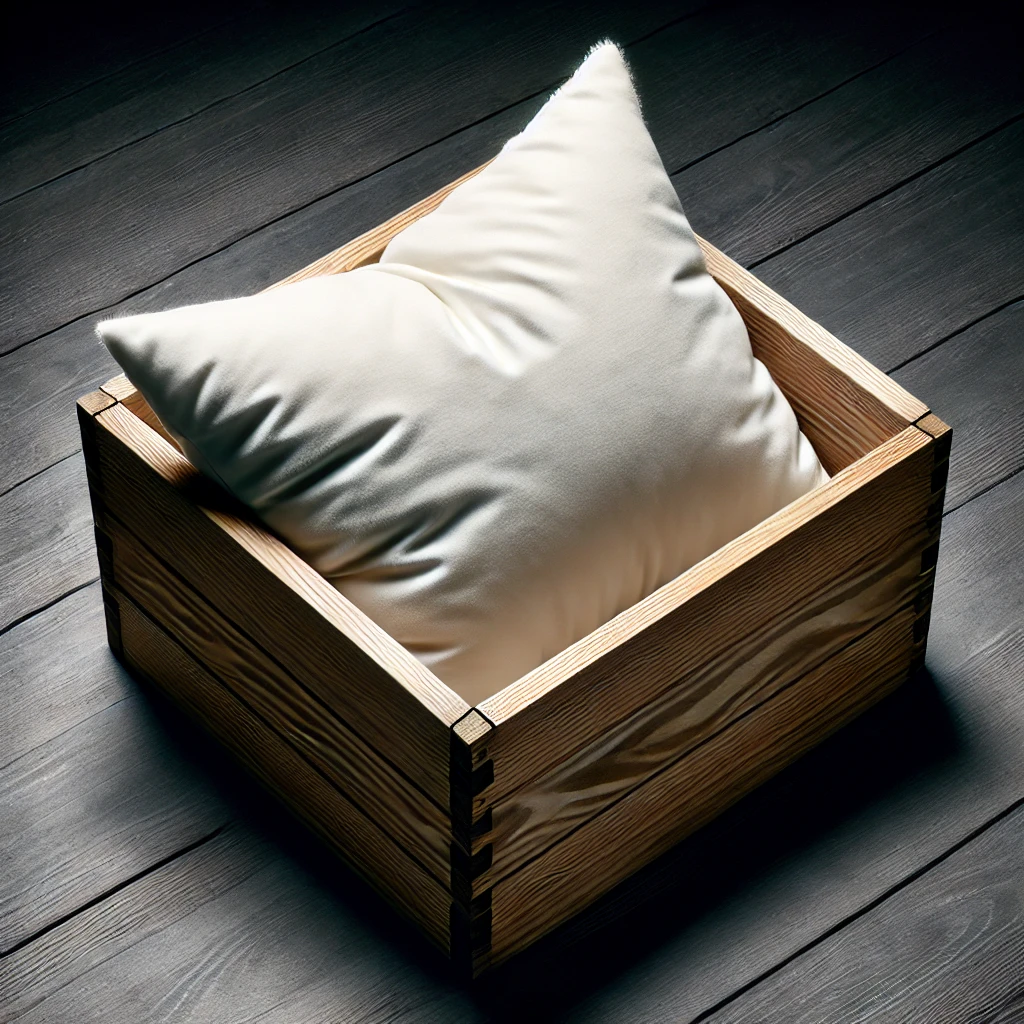 White pillow in a wooden box on a dark wooden floor, representing comfort and stability. Keywords: Enneagram 9SP.