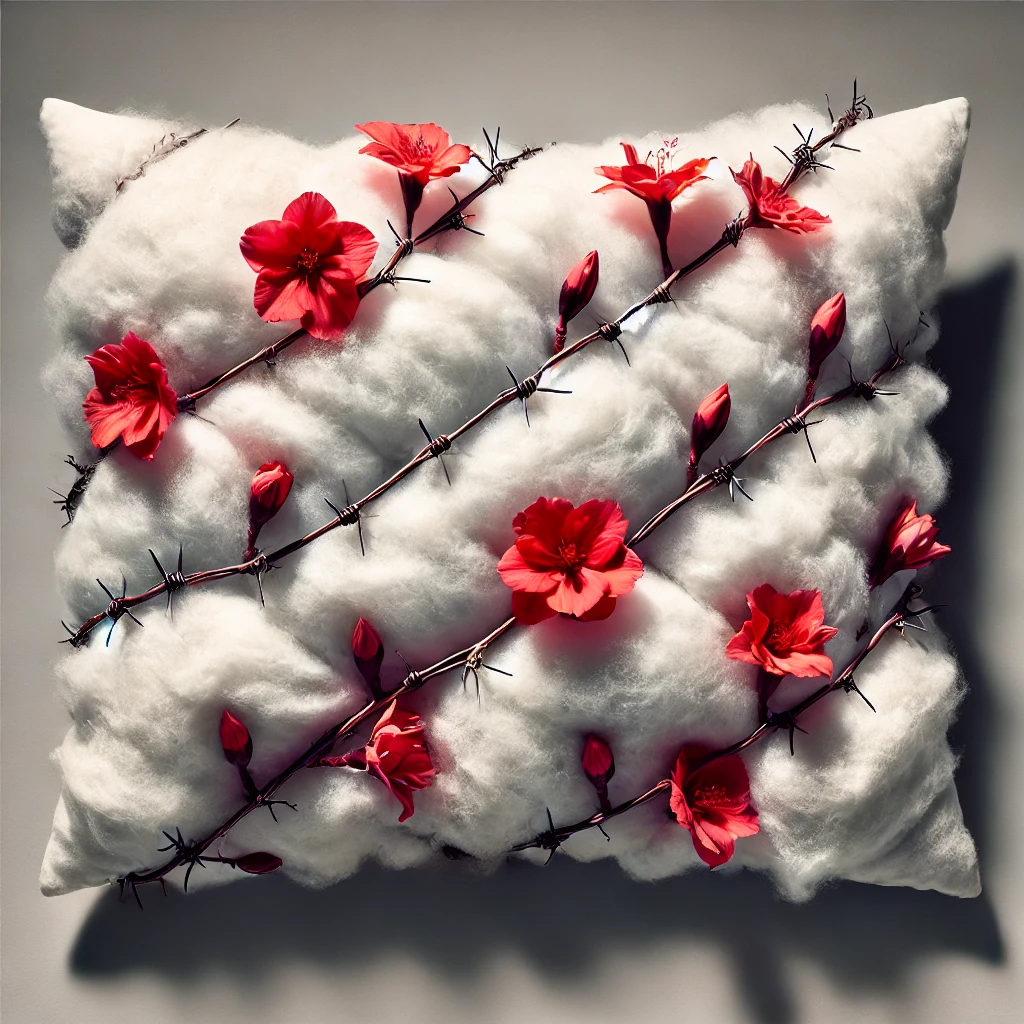 A fluffy white pillow intertwined with barbed wire and red flowers symbolises the Enneagram 9SX combination of peace and passion.