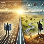 Two paths diverge; one planned and structured, the other organic and strategic, symbolizing "A plan is not a strategy.