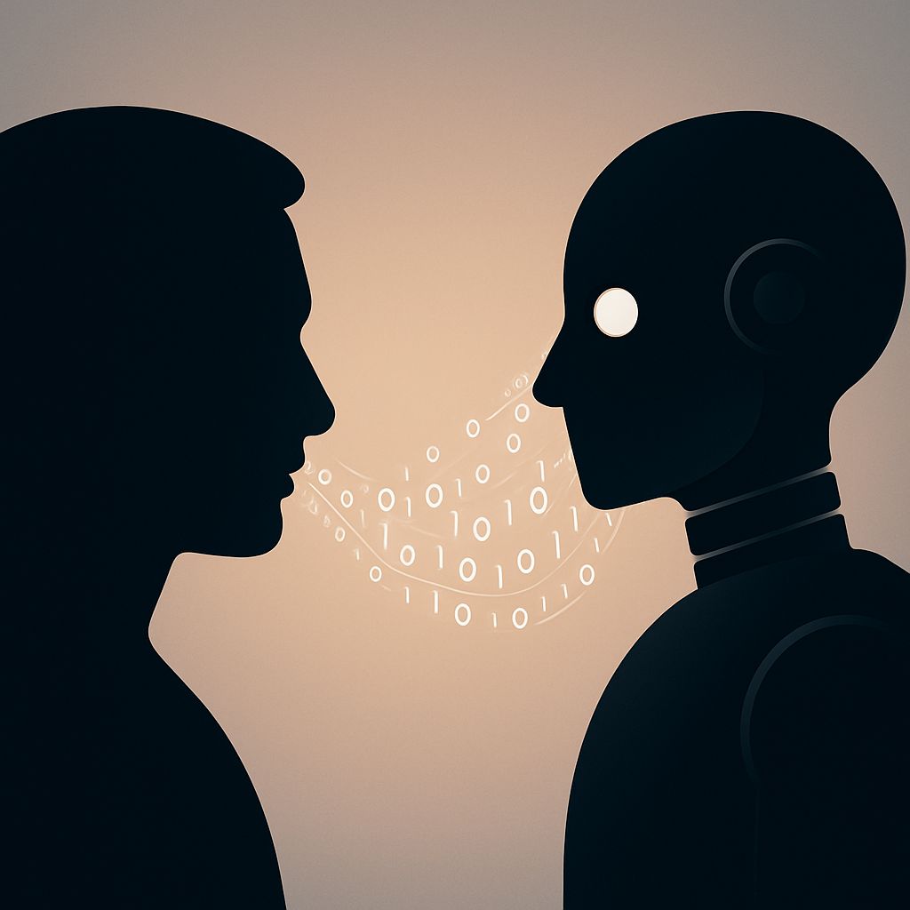 A human face and robot exchanging binary code, symbolising outsourcing to AI.