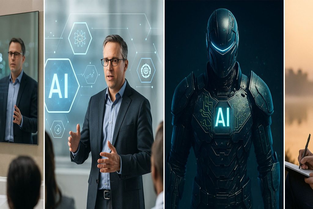 Man transforming from AI lecturer to futuristic AI-powered armor, illustrating "What I have become.