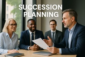 Four professionals discussing leadership-succession-planning-services at a table, with a document in hand.