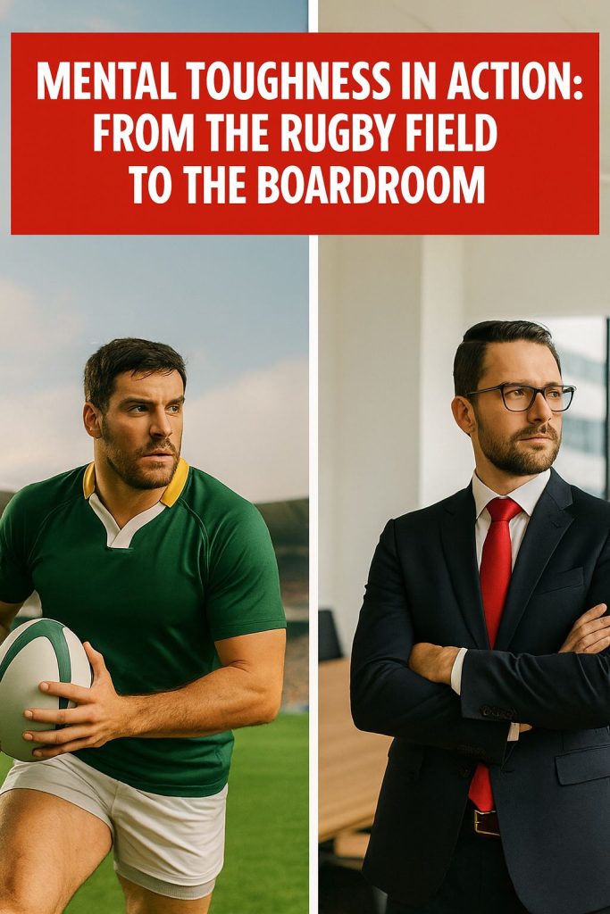 Rugby player and businessman illustrating mental toughness in action, transitioning from sports to business.