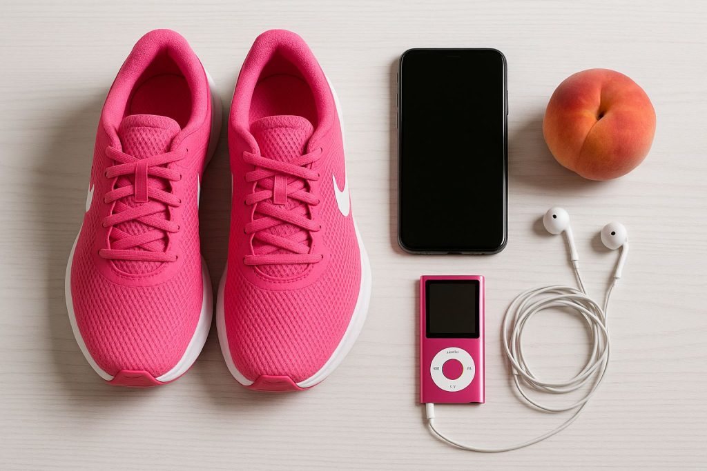 Pink running shoes, a smartphone, a peach, and a pink music player with headphones, ideal for morning routine tweaks.