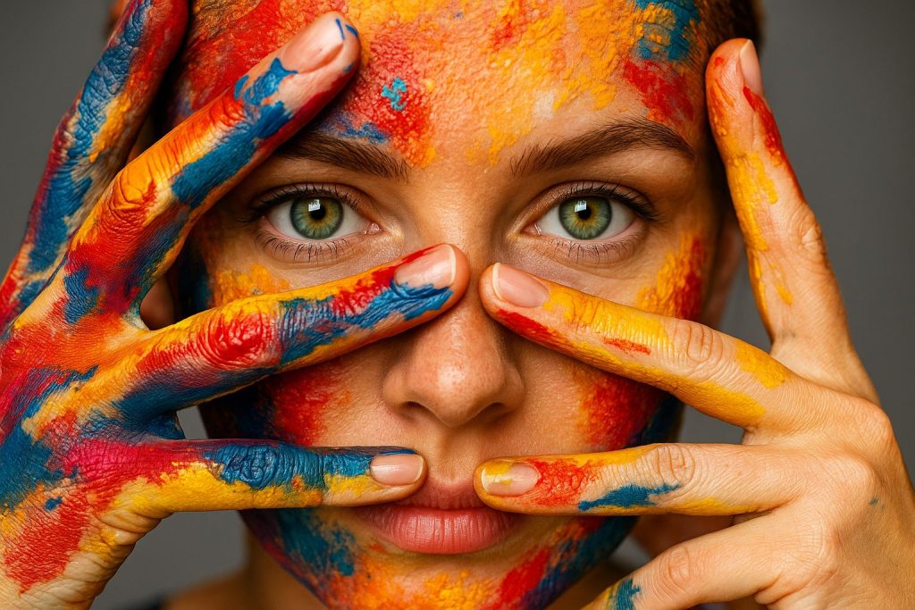 A woman with colorful paint on her face and hands, symbolizing a narrative tribute to the woman in my life.