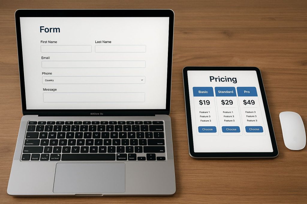 Laptop displaying a contact form next to a tablet showing pricing options. Does your website have a purpose?