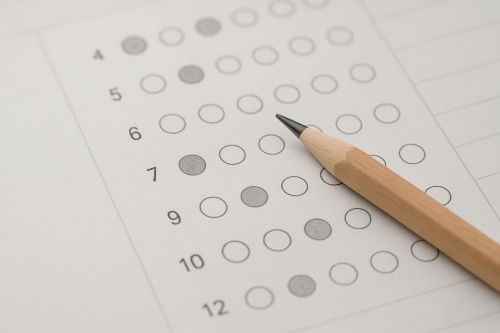Close-up of a pencil resting on a psychometric test sheet for ECCSA Psychometric testing services.