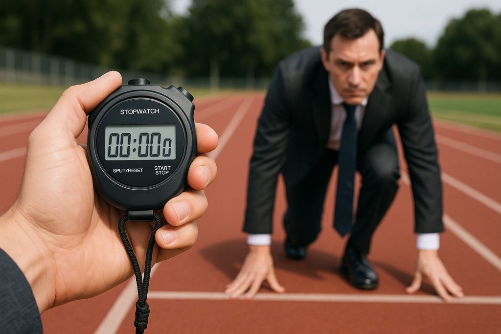 A businessman in a suit prepares to sprint on a track, with a stopwatch in hand, symbolizing THRIVE ON BUSINESS COACHING.