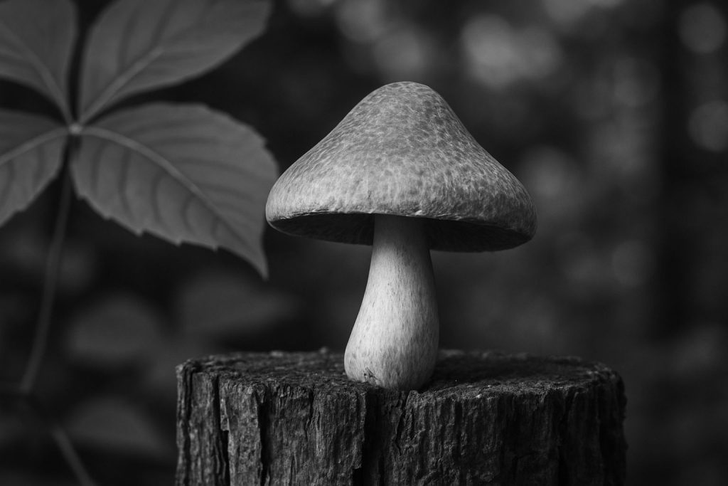 A resilient mushroom grows on a weathered stump, surrounded by lush greenery in a black and white forest setting.