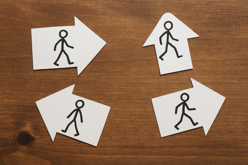 Four arrows with stick figure illustrations, symbolizing movement and the message to stock-up on compassion.