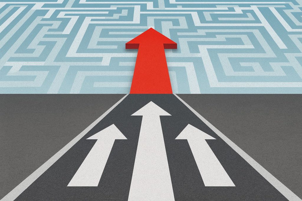 Red arrow leading through a maze, symbolizing guidance and clarity in coaching and decision-making.