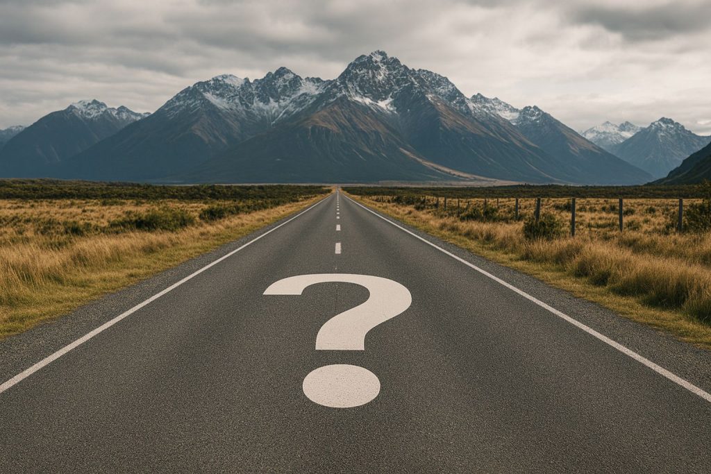 A winding road leads to mountains, featuring a large question mark, symbolizing challenges of working in uncertain times.