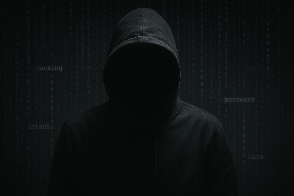 Silhouette of a hooded figure against a dark background with coding, emphasizing the need to keep your online business safe and secure.