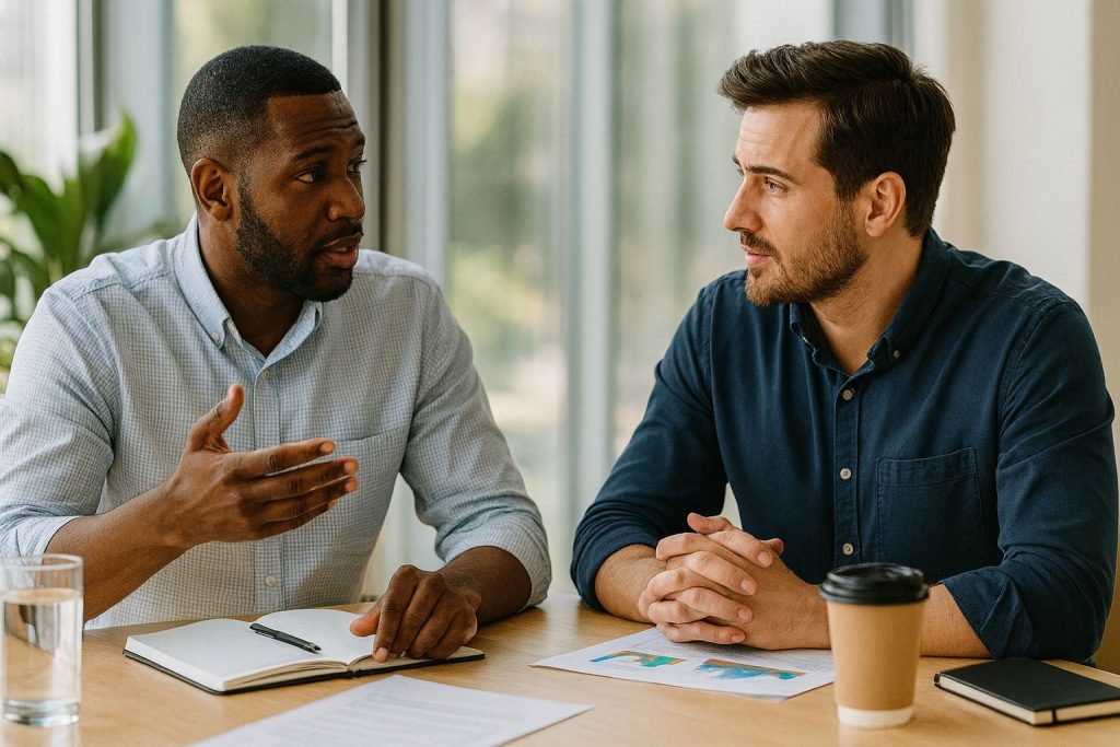 Two men engaged in a discussion about life coaching at work, seated at a table with notebooks and documents.
