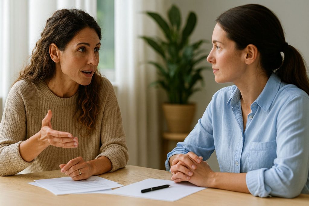 Two women engaged in a conversation about life coaching services at a table with papers and a plant in the background.